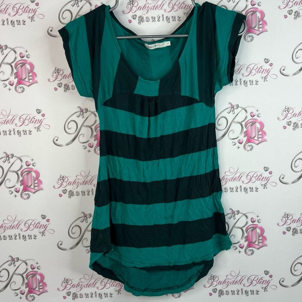 Only tshirt tee Striped rutched detail front y2k flowy Green blue Women's Top